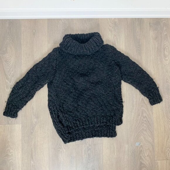 Women's Wolf & Cecil Merino Wool Chunky Knit Sweater Turtleneck Black Cutout - Picture 11 of 16